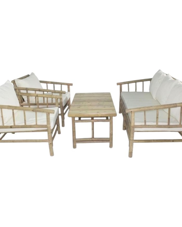 Salon lounge bambou (banc+chaise+table, coussins)