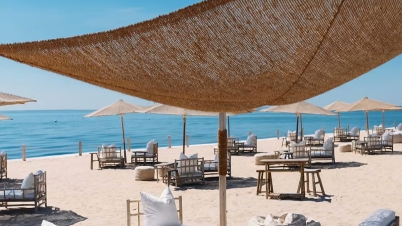 Voile d'ombrage en fibre de coco au-dessus d'un beach club face à la mer